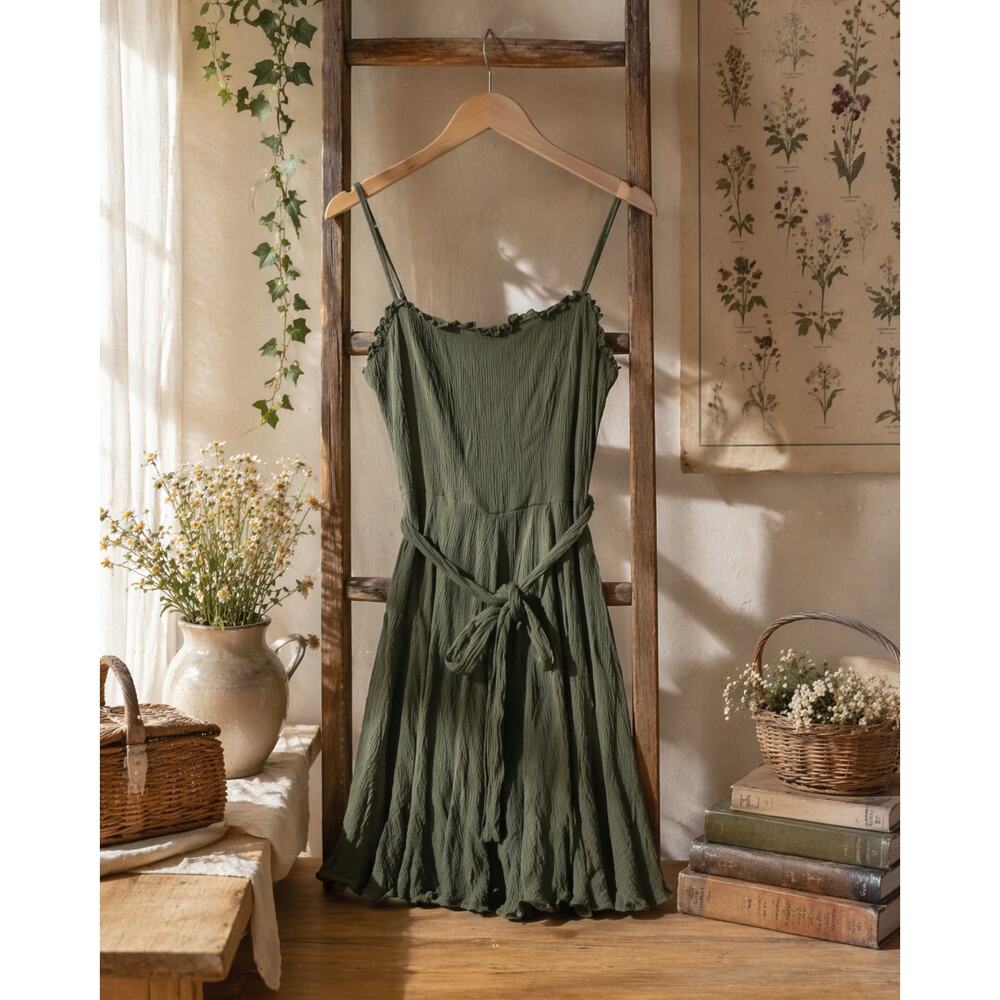 B Darlin Army Green Sz 0 Women's Earthy Front Tie Cottage Farmhouse Mini Dress